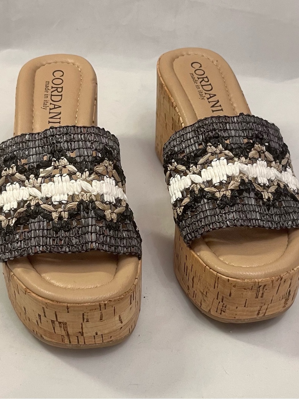 Cordani Gray, Black, Beige Cork Platform Woven Slide Mules with Gray Strap